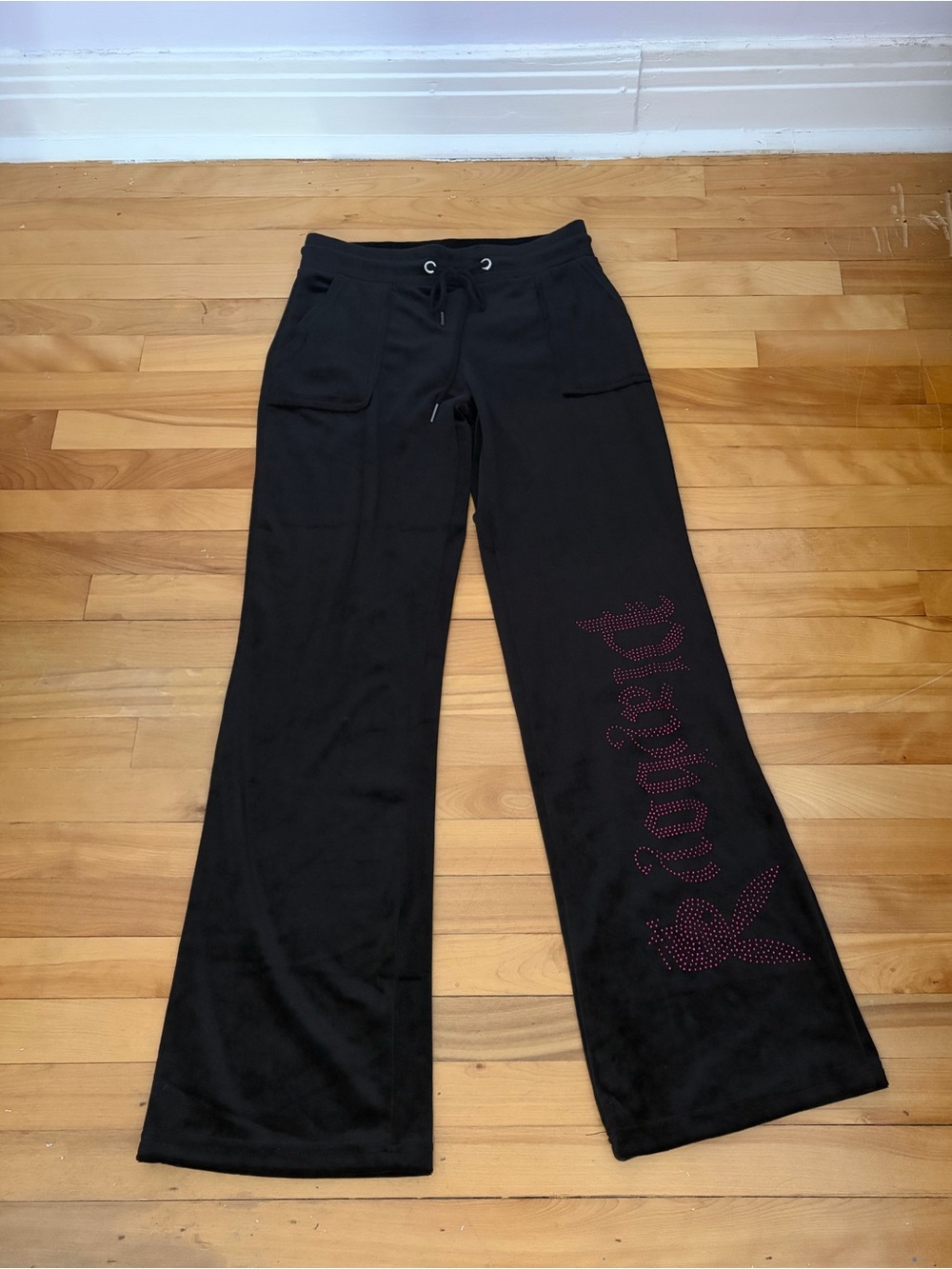 PLAYBOY Black Wide-Leg Lounge Pants with Pink Rhinestone Logo